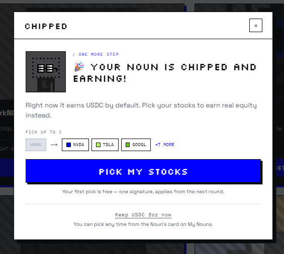 A web interface titled 'CHIPPED' announces 'YOUR NOUN IS CHIPPED AND EARNING!' with stock pick options including NVDA, TSLA, and GOOGL above a blue 'PICK MY STOCKS' button.