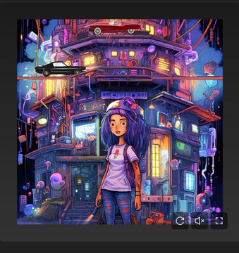 A digital illustration of a purple-haired girl in a white t-shirt standing in front of a brightly lit cyberpunk-style multi-level building with floating elements and glowing windows.