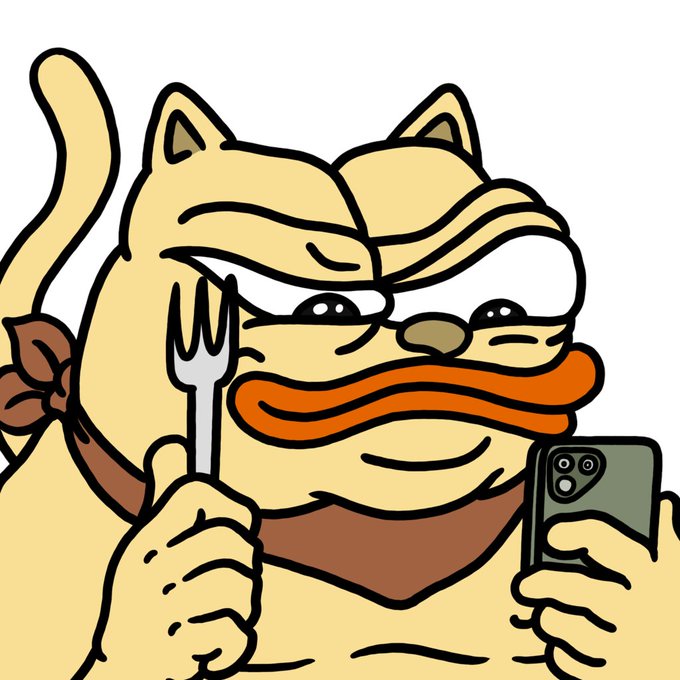 A cartoon illustration of a plump orange cat with an orange mustache, holding a fork in one hand and a smartphone in the other.