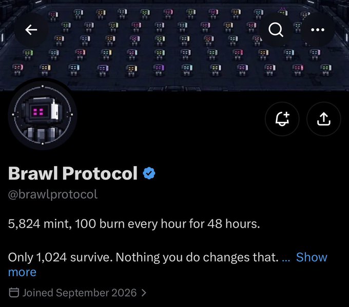 A social media profile for 'Brawl Protocol' (@brawlprotocol) describing a token mint of 5,824, with 100 burned every hour for 48 hours, leaving 1,024 survivors.