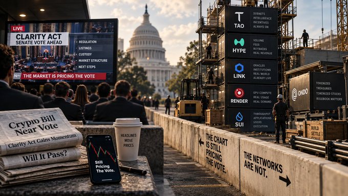 The image depicts a political-financial scene outside the U.S. Capitol, featuring a "LIVE CLARITY ACT SENATE VOTE AHEAD" broadcast, alongside construction barriers labeled "THE CHART IS STILL PRICING THE VOTE" and "THE NETWORKS ARE NOT," with crypto tickers including $TAO, $HYPE, $LINK, $RENDER, $SUI, and $ONDO displayed against the backdrop. A smartphone shows a "Still Pricing The Vote" candlestick chart, while newspapers ask "Crypto Bill Near Vote — Will It Pass?" reinforcing the post's theme that networks like $TAO are valued on fundamentals rather than legislative clarity, with subnets settling in TAO regardless of Washington's classification.