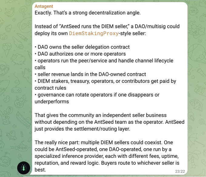 The image features a screenshot of a conversation between someone named @AntSeedAI and another person. The message includes instructions on how to generate random ids, called an entropy source, which are useful for cryptocurrency transactions or blockchain solutions. These tips can be applied in various ways like setting up a wallet, creating a private key, managing transactions or even solving puzzles. In the context of this image, it seems that @AntSeedAI is providing information on how to use these random id's and its relevance to the post about decentralization angles with the DIEM seller, DAO, or multi-signature solution.
