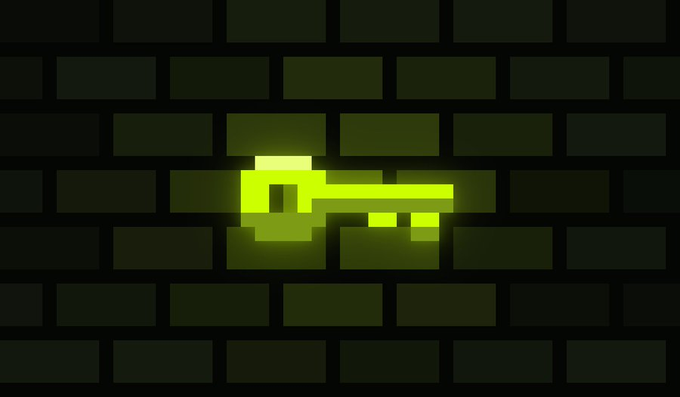 A glowing yellow pixelated key appears against a dark brick wall background, resembling a retro video game graphic.