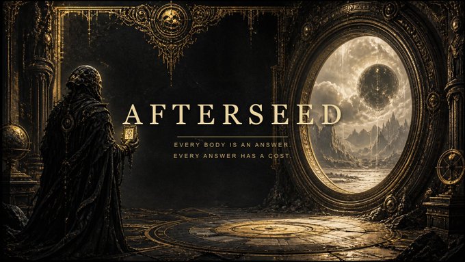 A dark fantasy promotional banner titled 'AFTERSEED' with the tagline 'EVERY BODY IS AN ANSWER, EVERY ANSWER HAS A COST', depicting a hooded figure holding a glowing object looking toward an ornate circular portal.