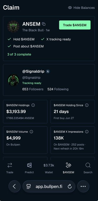 The image shows a Bulipen.fi claim page for the $ANSEM token, displaying that the user holds $3,193.99 worth of $ANSEM (17,166.33 tokens), has been holding for 21 days, and has completed all 3 of 3 requirements (Hold $ANSEM, X tracking ready, Post about $ANSEM), yet appears to be missing out on the airdrop—matching the poster's frustration about not receiving the $ANSEM airdrop despite meeting all qualifications.
