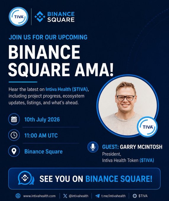 A promotional graphic for the Intiva Health ($TIVA) Binance Square AMA scheduled for 10 July 2026 at 11:00 AM UTC, featuring guest speaker Garry McIntosh (President of Intiva Health Token), with the post confirming the event details and topics to be covered including project progress, ecosystem developments, and the recent BitMart listing.