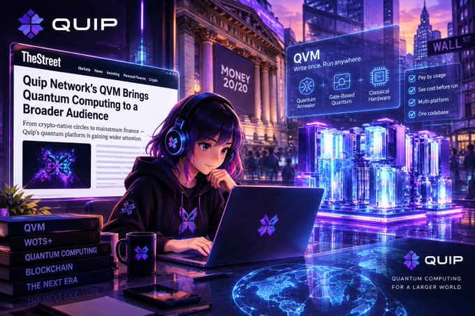 A QUIP promotional graphic advertises its "QVM" quantum-computing platform with the headline "Quip Network's QVM Brings Broader Audience."