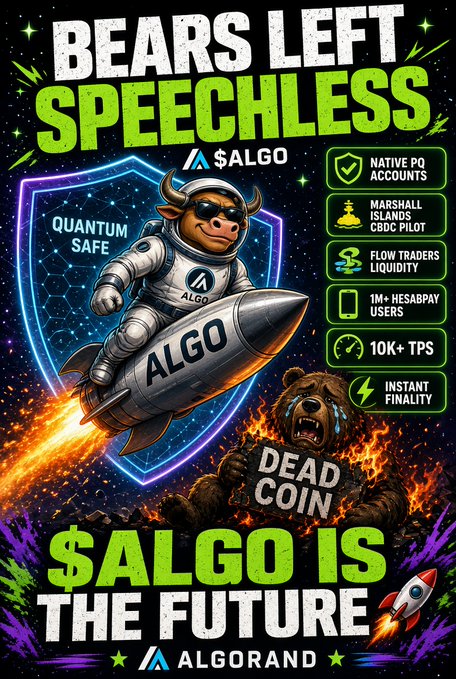 Crypto promotional poster reading 'BEARS LEFT SPEECHLESS' featuring a bull in a spacesuit riding a rocket labeled '$ALGO', with tags highlighting Native PoQ Accounts, Marshall Islands CBDC Pilot, 1M+ HESABPAY Users, 10K+ TPS, Instant Finality, and '$ALGO IS THE FUTURE' on Algorand.