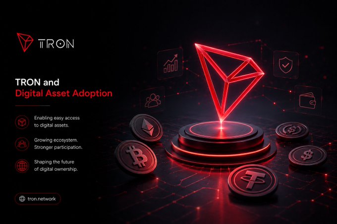 A TRON cryptocurrency promotional image titled 'TRON and Digital Asset Adoption' featuring a glowing red Tron logo and various cryptocurrency coin icons, with text mentioning 'Enabling easy access to digital assets' and 'tron.network'.