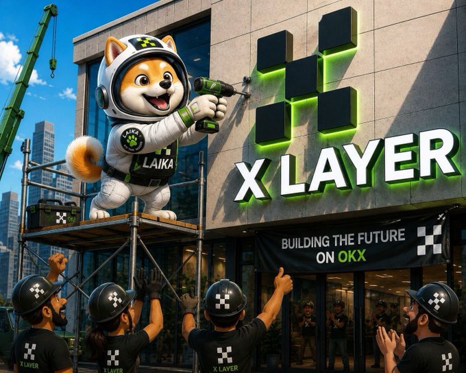 A promotional image featuring a Shiba Inu dog mascot in an astronaut suit labeled "LAIKA" drilling into a building labeled "X LAYER" with workers cheering below; a banner reads "BUILDING THE FUTURE ON OKX".