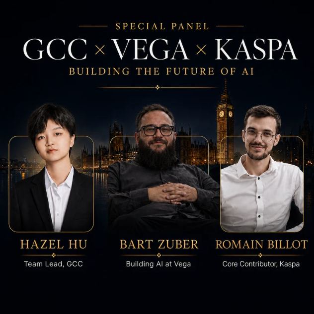 A promotional graphic for a "Special Panel: GCC × VEGA × KASPA — Building the Future of AI," featuring photos of panelists Hazel Hu (Team Lead, GCC), Bart Zuber (Building AI at Vega), and Romain Billot (Core Contributor, Kaspa) against a London skyline backdrop, supporting an announcement welcoming the three speakers to the event.