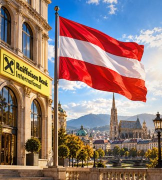 An Austrian flag waves in the foreground in front of a Raiffeisenbank International building, with a scenic European cityscape and a Gothic cathedral visible in the background.