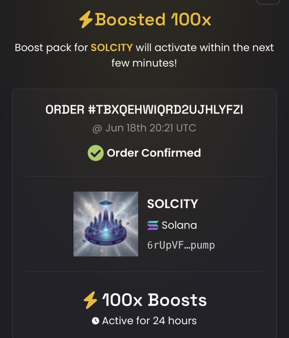 The image shows a screenshot of an application that has received 100 boosts, with "SOLICITY" being one of the items purchased during these boosts. This item appears to be a game or utility for various purposes such as communication, gaming, or even education and work-related tasks. A message indicates that the user has just confirmed their order through this application, which provides further details on how they completed their purchase within four minutes. The image focuses on the positive aspect of receiving 100 boosts and demonstrates the value users can gain from using this particular application to purchase items like "SOLICITY".