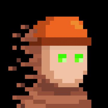 A pixel-art character with green eyes, wearing an orange hood or scarf, set against a black background.