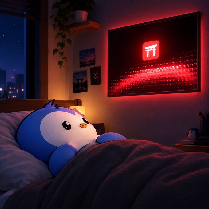 A cozy bedroom scene at night features a cute blue penguin plush toy in bed under a blanket, with a TV mounted on the wall displaying a red torii gate icon and city lights visible through the window.