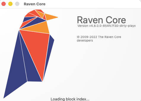 A loading screen for 'Raven Core' Version v4.8.0.0-854fc7f30-dirty-playx with a geometric orange and blue raven logo.