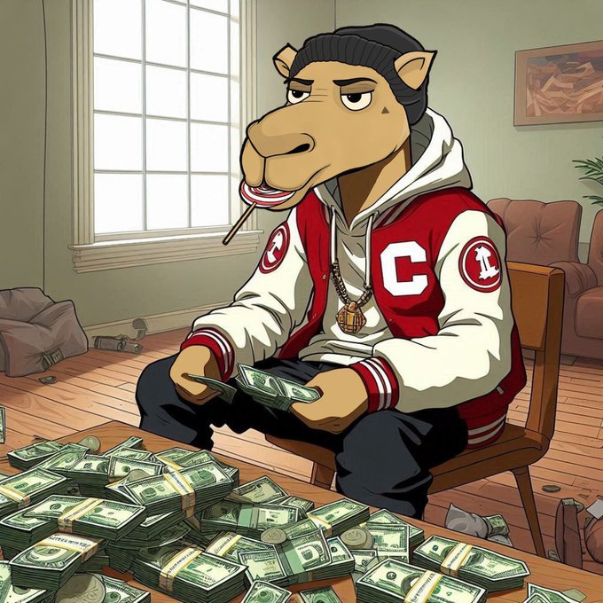 A cartoon camel character wearing a red and white varsity jacket and a black beanie counts a large stack of banded US dollar bills while sitting in a messy room.
