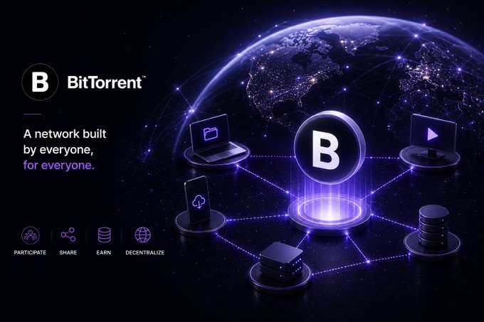 A promotional graphic for "BitTorrent" with the tagline "A network built by everyone, for everyone," featuring a glowing B token connected to various devices against a globe backdrop.