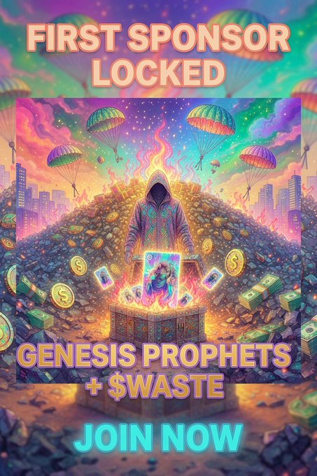 A colorful promotional graphic reading "FIRST SPONSOR LOCKED" and "GENESIS PROPHETS + $WASTE JOIN NOW," featuring a hooded figure surrounded by floating money, cards, and parachutes.
