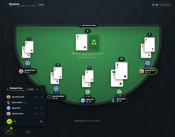 The image shows a multiplayer online blackjack game interface on BlackJack, displaying a green felt table with five player hands in progress, each betting with what appears to be a face-up Ace. The player has a $333,222 balance, and the active player hand shows the message "DEALER MUST DRAW TO 16." The image visually supports the post's claim about on-chain social iGaming innovation, demonstrating a real-time multiplayer blackjack game where multiple players are playing simultaneously against a dealer on a shared virtual table.