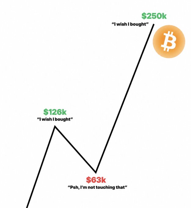 Bitcoin price chart meme showing emotional investor reactions at different price points: 'I wish I bought' at $126k, 'Psh, I'm not touching that' at $63k, and 'I wish I bought' again at $250k.