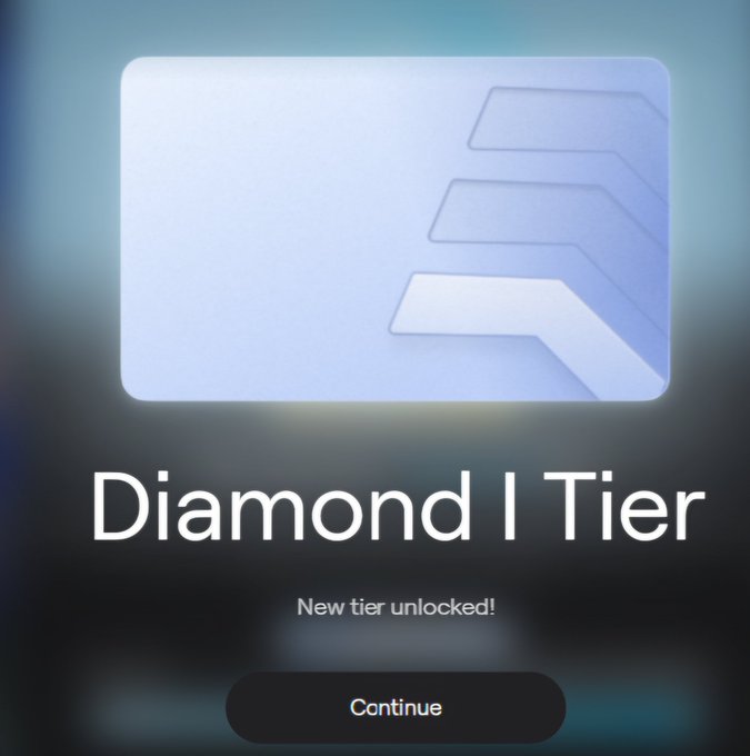 Digital interface announcing 'Diamond I Tier' unlock with a 'Continue' button at the bottom.