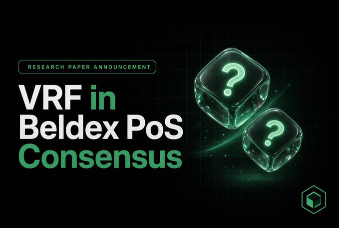 A dark promotional graphic announcing a research paper on "VRF in Beldex PoS Consensus," featuring two glowing green dice with question marks alongside the Beldex logo. The post highlights interest in how Verifiable Random Functions (VRF) can improve randomness and fairness in Beldex's Proof-of-Stake validator selection process.