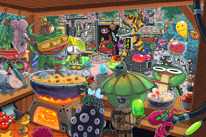 A vibrant, cartoonish digital illustration depicts a bustling workshop or kitchen scene filled with quirky characters, including a large smiling frog, mushroom creatures, and various other whimsical beings, all gathered around a flaming cauldron cooking noodles and a bubbling green potion, evoking a chaotic creative process that mirrors the post's announcement of a completed team meeting and the start of development on a "rarity randomization" system, likely for an NFT or gaming project.