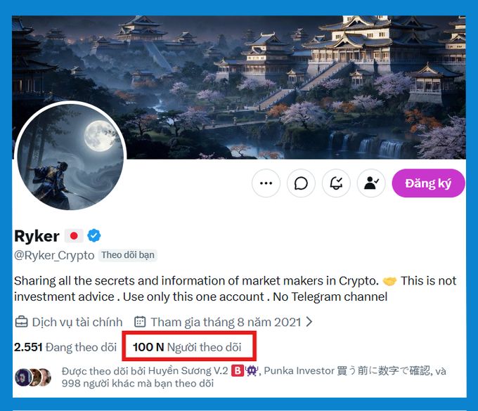 A Twitter/X profile for @Ryker_Crypto, displaying 2,551 following and 100 N followers, with a bio stating 'Sharing all the secrets and information of market makers in Crypto.'
