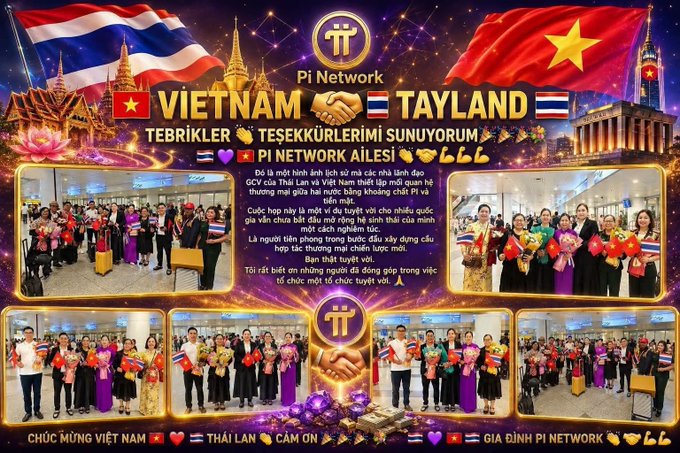 A festive Vietnamese-Thai Pi Network community event celebrating the partnership between Vietnam and Thailand, with group photos of attendees holding flags and flowers alongside Pi Network branding and GCV (Global Currency of Value) references tying into the accompanying post about the First Pi-GCV Vietnam Congress 2026.
