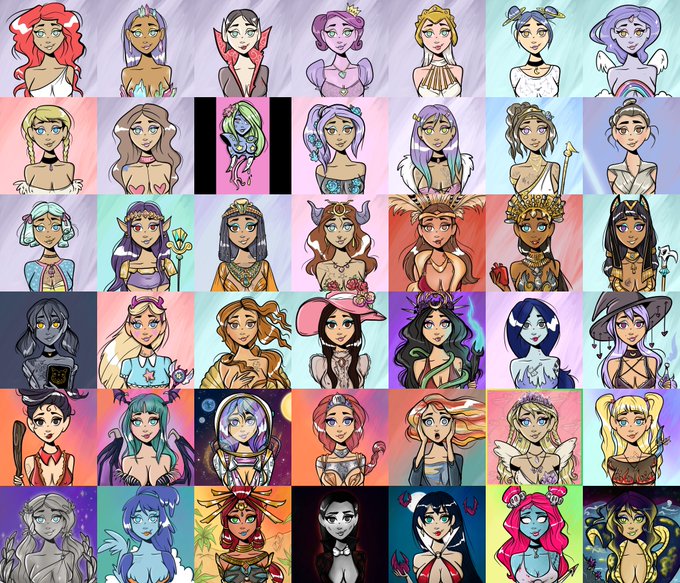 A grid collage of 49 stylized female character illustrations featuring various designs, hairstyles, and fantastical elements including fairies, witches, and mermaids.