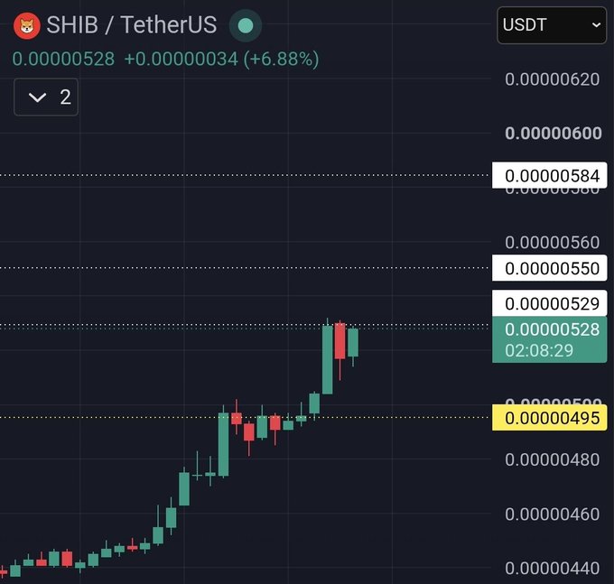 A cryptocurrency chart showing SHIB/TetherUS price at 0.00000528, up +6.88% (+0.00000034), with candlestick data and price levels marked on the right.