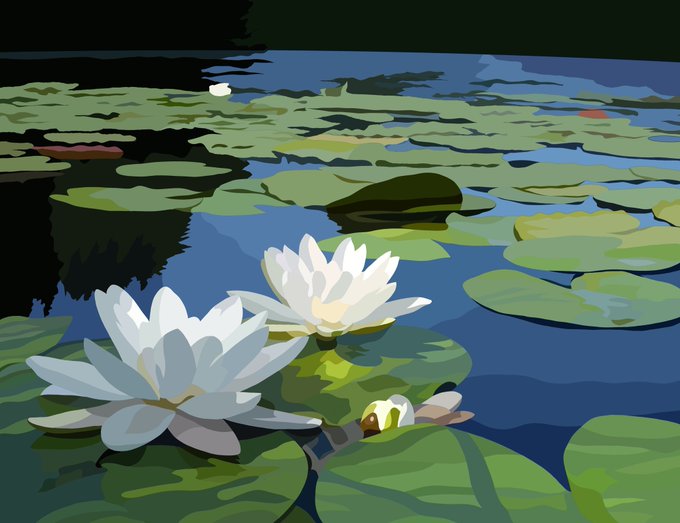 A stylized digital illustration depicts white water lilies and green lily pads floating on a blue pond surface.