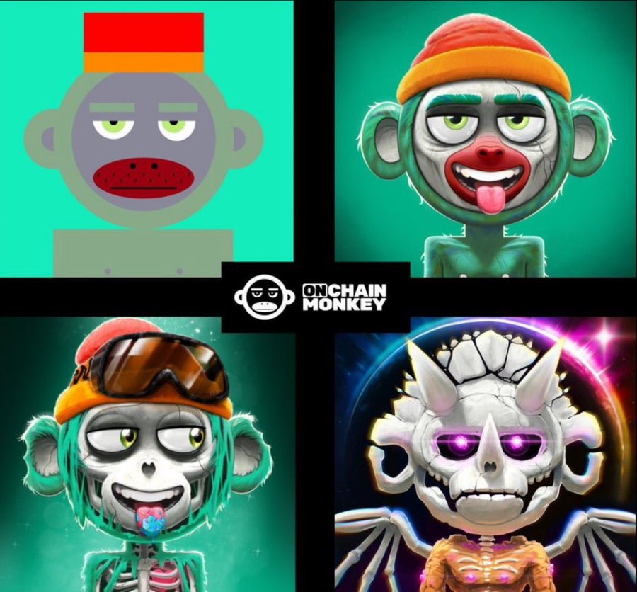 A four-panel promotional image for 'Onchain Monkey' NFT collection, showing the evolution of a green monkey character from a simple 2D cartoon to elaborate 3D rendered designs with orange beanie, ski goggles, and a skeletal variant.
