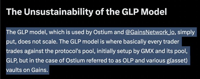 The image displays a slide titled "The Unsustainability of the GLP Model" explaining that the GLP model used by Ostium and GainsNetwork_io doesn't scale because traders trade against the protocol's pool (GLP, OLP, or g(asset) vaults). This relates to the post about Ostium's vault exploit, illustrating the systemic risk that arises when trader volumes outpace the liquidity backing these pools, similar to challenges Hyperliquid's HLP has faced.