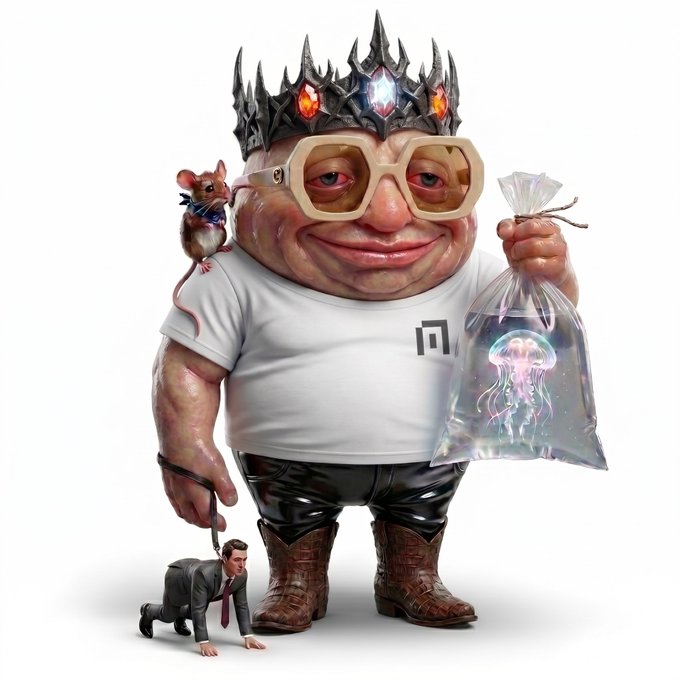 A grotesque, hyper-detailed digital illustration shows a bloated, oversized cartoonish king wearing a jagged black crown, beige sunglasses, and a white t-shirt featuring the Polygon (MATIC) logo, holding a bag of jellyfish while a mouse perches on his shoulder and he leashes a tiny businessman. The image humorously fits the post by visualizing a "brainrot" character casting call—framing the disturbing royal figure as an absurd celebrity casting choice for the Brainrot Project video.

Key visible text/logo: the **Polygon** "M" symbol on the shirt.