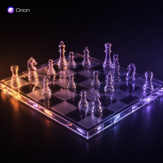 A glass chess set is illuminated by orange and purple LED lighting against a black backdrop, with the "Orion" logo displayed in the top left corner. The image visually reinforces the post's metaphor of strategic positioning on $BNBCHAIN, suggesting that success in the market—like chess—depends on controlling the board rather than reacting to individual moves.