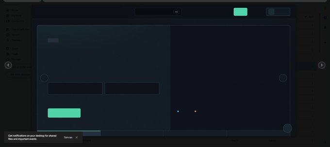 A dark-themed digital dashboard or design interface with minimalist teal buttons and empty placeholder boxes, featuring a small notification saying "Get notifications in your desktop for shared files and benchmark events."