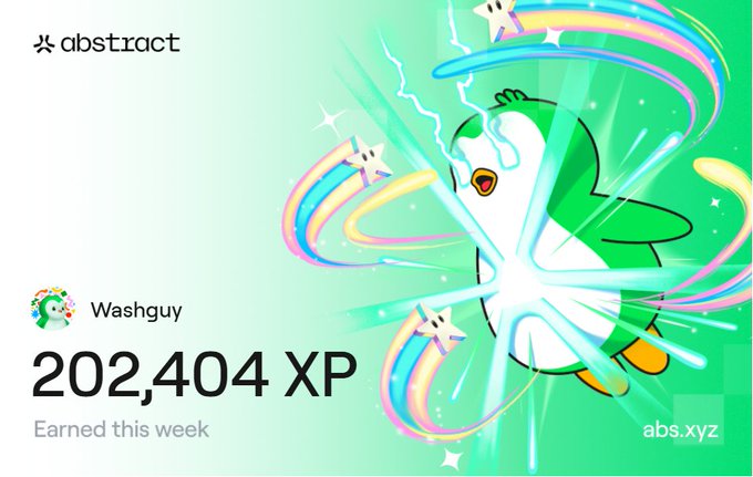 The image features a poster with a cartoon penguin character surrounded by colorful stars and rainbows. The text on the poster reads "I got 200k xp as well this week pouring all the money into Bakery. There was some changes in Bakery, but nothing changed to get xp." This suggests that someone has been accumulating XP points for a while and is now sharing their achievement with others by posting about it on social media or other platforms. The poster also includes a hashtag (#abstractchain) which might be related to the content of this post.