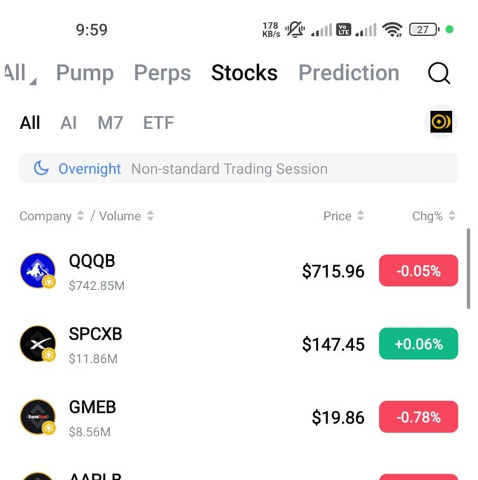 A mobile trading app screen showing the 'Stocks' tab with tickers like QQQB at $715.96, SPCXB at $147.45, and GMEB at $19.86, with a time of 9:59 visible at the top.