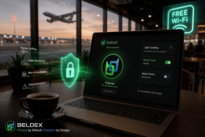 The image shows a Belnet VPN interface on a laptop at an airport café near a "FREE Wi-Fi" sign, highlighting threats like packet sniffing, traffic monitoring, man-in-the-middle attacks, and data interception that Belnet protects against through secure tunneling. It visually reinforces the post's point about the dangers of public Wi-Fi networks and how Belnet safeguards users by routing traffic privately and connecting to decentralized nodes.