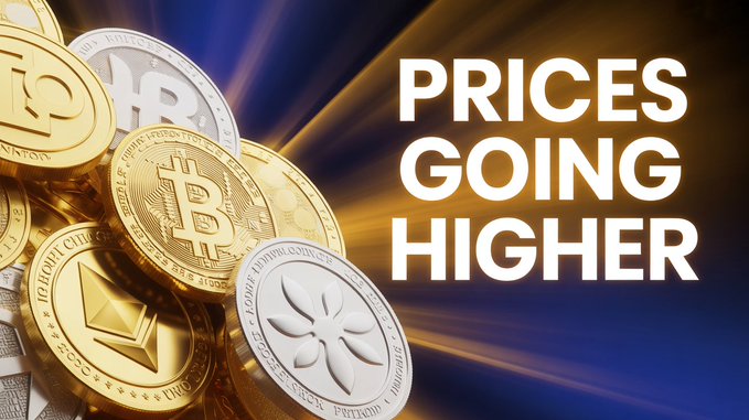 A collection of physical cryptocurrency coins, including Bitcoin, Ethereum, and others, displayed on the left side against a dynamic golden and blue radial background, with the bold white text "PRICES GOING HIGHER" prominently featured on the right.

The image visually reinforces the post's bullish message about an impending bull run by showcasing multiple cryptocurrencies alongside an optimistic call for rising prices.