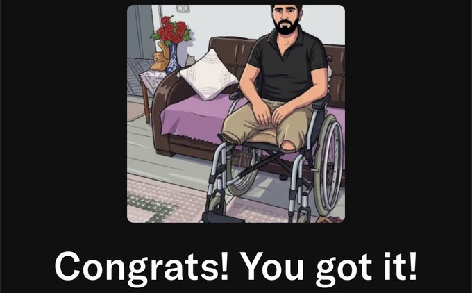 Animated illustration of a bearded man in a wheelchair in a living room, with the text 'Congrats! You got it!' below.