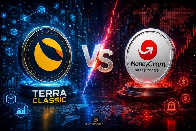 A digital graphic depicting a 'VS' matchup between 'TERRA CLASSIC' (gold and blue coin) and 'MoneyGram' (silver and red coin), with a 'B cryptography' watermark.