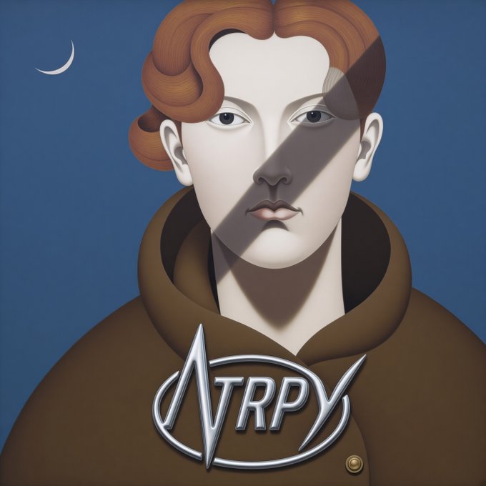 A stylized portrait of a red-haired figure in a brown hooded cloak with a crescent moon in the background, featuring the "NTRPY" logo (stylized as "NTRPY" in metallic lettering across the chest). The artwork serves as branding for the NTRPY NFT project, visually representing the secured allocation of NTRPY spots for Divergents NFT holders through the announced raffle collaboration.