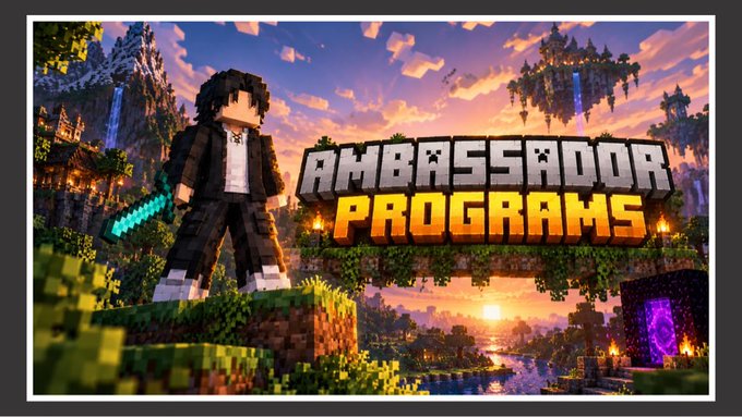 A promotional graphic for 'AMBASSADOR PROGRAMS' featuring a Minecraft-style character with a diamond sword standing in a blocky landscape with floating islands at sunset.