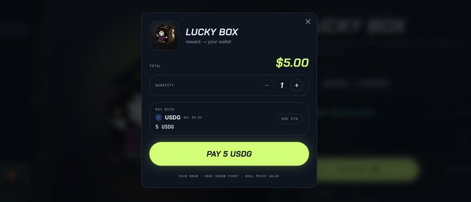 A digital purchase interface for a 'LUCKY BOX' priced at $5.00 with a green 'PAY 5 USDG' button, showing payment options for USDG and USDC.