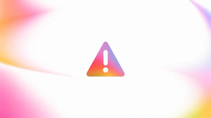 A triangular warning sign icon with an exclamation mark inside, rendered in pink and orange gradients against a soft white and colorful background.