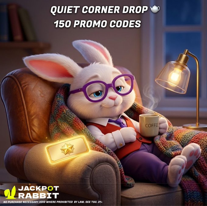 An advertisement for 'JACKPOT RABBIT' titled 'QUIET CORNER DROP - 150 PROMO CODES,' featuring a 3D-rendered white rabbit wearing purple glasses and a red vest, relaxing in a leather armchair with a 'COFFEE' mug.