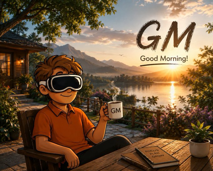 A digital illustration of a cartoon boy wearing a VR headset and holding a mug labeled "GM" while sitting at a wooden table overlooking a scenic lake at sunrise, with the text "GM Good Morning!" displayed prominently.
